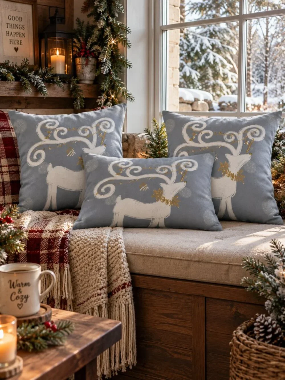Christmas Throw Pillow Cover Set of 3 Whimsical Reindeer Gray Gold 18x18 Lumbar